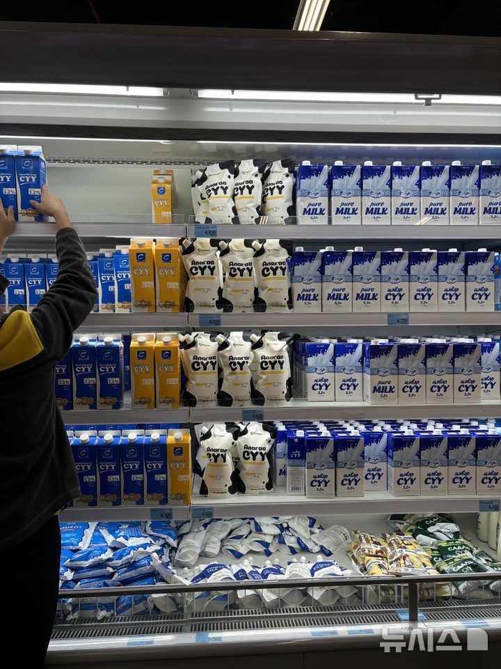 [서울=뉴시스]한국국제협력단(코이카·KOICA)가 지원한 한국 비정부기구(NGO) 지구촌나눔운동이 설립한 축산업 조합의 우유 가공품들이 현지 몽골 이마트에 진열된 모습. (지구촌나눔운동 제공) 2025.04.24.