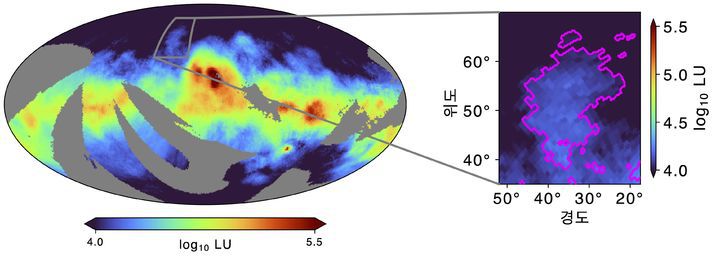 FIMS 원자외선 수소분자 형광 방출선 전천 지도(왼쪽)와 이번에 새로 발견된 분자운 EOS 부분 확대 영상. (사진=천문연 제공) *재판매 및 DB 금지