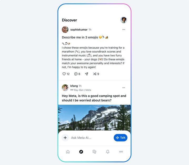 [서울=뉴시스] 메타는 29일(현지 시간) 메타 AI 앱 첫 번째 버전을 출시했다. 사진은 이용자들이 AI를 활용한 다양한 예시를 공유하는 '발견(Discover)' 피드 2025.04.30. (사진=메타) *재판매 및 DB 금지