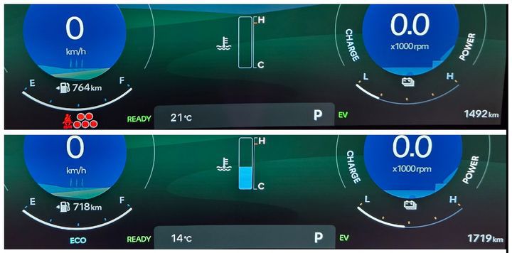 [서울=뉴시스] 주행 전과 후를 기록한 디 올 뉴 펠리세이드 하이브리드 계기판. parkhj@newsis.com *재판매 및 DB 금지