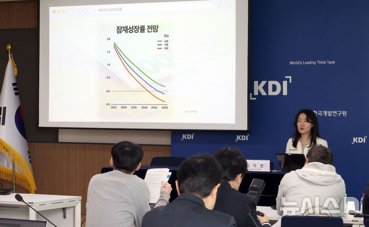 [세종=뉴시스] 강종민 기자 = 사진은 지난 5월 8일 김지연 한국개발연구원(KDI) 전망총괄이 세종시 정부세종청사에서 '잠재성장률 전망과 정책적 시사점'에 대해 발표하고 있는 모습. 2025.05.08. ppkjm@newsis.com