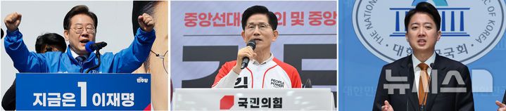 [서울=뉴시스] 조성우 조성봉 권창회 기자 = 제21대 대통령선거 공식 선거운동이 시작된 12일 이재명(왼쪽사진부터) 더불어민주당 대선후보는 광화문광장에서 중앙선거대책위 출정식을, 김문수 국민의힘 대선후보는 중앙당사에서 중앙선대위 임명장 수여식을, 이준석 개혁신당 대선후보는 국회 소통관에서 선거 구상을 발표하고 있다. 2025.05.12. photo@newsis.com