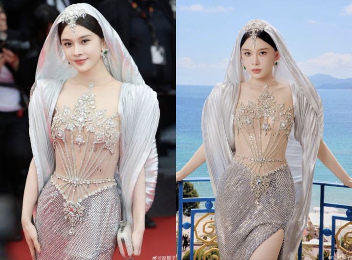 [서울=뉴시스] 중국 배우 자오잉쯔가 지난 13일 시스루 드레스를 입고 제78회 칸 국제영화제에 참석했다가 레드카펫에서 쫓겨났다. (사진=자오잉쯔 웨이보 캡처) 2025.05.15. photo@newsis.com *재판매 및 DB 금지
