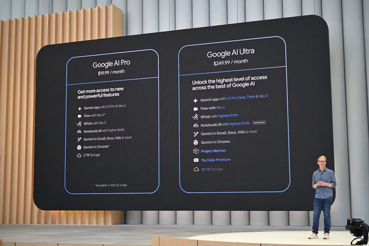 [서울=뉴시스] 구글은 20일(현지 시간) 미국 캘리포니아주 마운틴뷰에서 열린 연례 개발자 콘퍼런스 'I/O 2025'에서 AI 멤버십 '구글 AI 프로'와 '구글 AI 울트라'를 소개했다. (사진=구글 제공) *재판매 및 DB 금지
