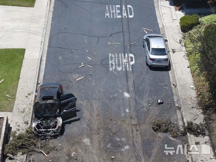 [샌디에이고=AP/뉴시스] 22일(현지 시간) 미국 캘리포니아주 샌디에이고 주택가에 개인 비행기가 추락해 도로에 나뭇가지와 불에 탄 차량이 서 있다. 2025.05.23.