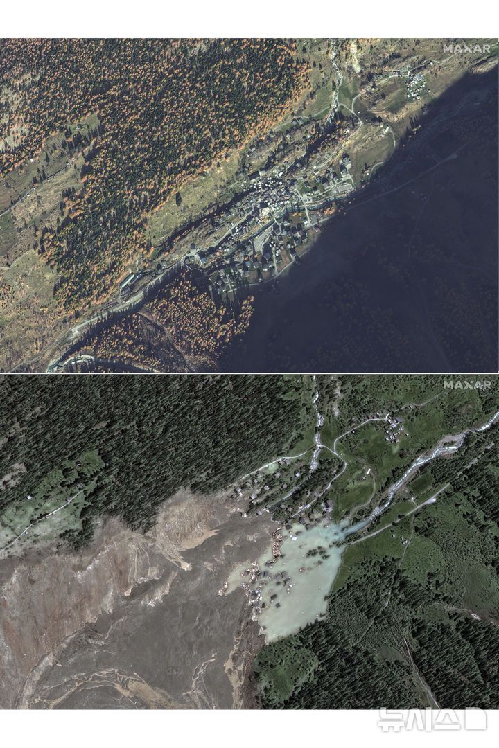 [블라텐=AP/뉴시스] 막사 테크놀로지가 제공한 사진에 2024년 11월 3일 스위스 발레주 블라텐 마을(위쪽)과 빙하 붕괴 후 발생한 산사태 피해를 입은 블라텐 마을. 2025.05.30.