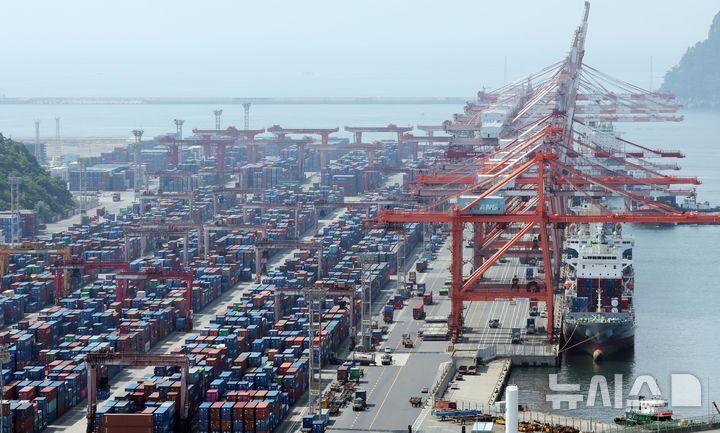 [부산=뉴시스] 하경민 기자 = 1일 산업통상자원부가 발표한 '5월 수출입 동향'에 따르면 지난달 수출은 전년 동기 대비 1.3% 감소한 572억7000만 달러(79조2502억원)로 집계됐다. 이는 미국 정부의 관세 부과 충격으로 자동차와 석유화학 등 15대 품목 중 10개 품목의 수출이 줄어들면서 4개월만에 수출 감소세를 기록한 것이다.이날 부산 남구 신선대부두에 컨테이너선이 접안하고 있다. 2025.06.01. yulnetphoto@newsis.com