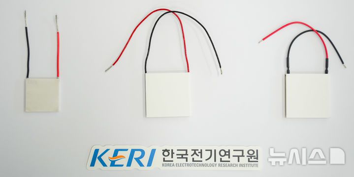 [창원=뉴시스]한국전기연구원(KERI) 전기변환소재연구센터 박수동(가운데) 박사 연구팀이 개발한 '열전발전 기준 소자 3종'.(사진=한국전기연구원 제공) 2025.06.09. photo@newsis.com