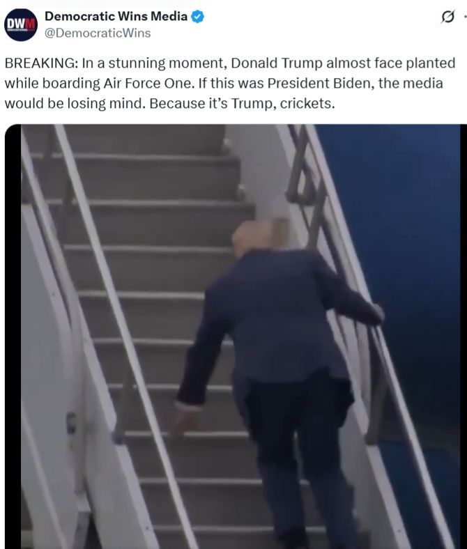 [서울=뉴시스] X(엑스·구 트위터) 유저 'Democratic Wins Media'는 트럼프 대통령이 넘어지는 영상을 공유했다. (사진=X(엑스·구 트위터) 캡처) 2025.06.09 *재판매 및 DB 금지