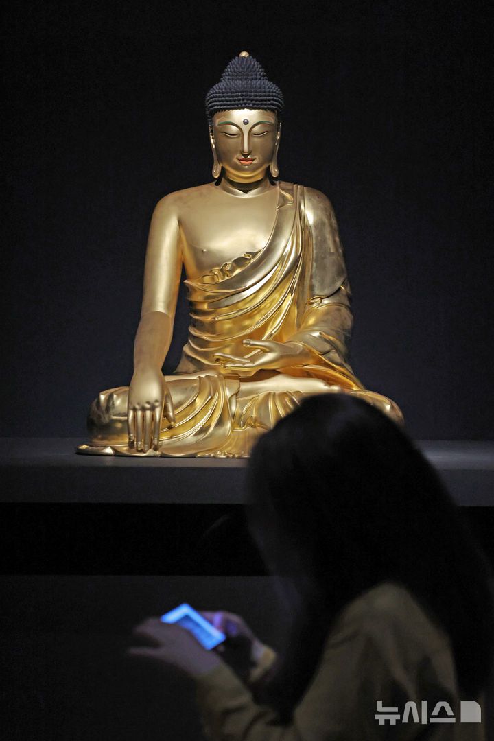 [서울=뉴시스] 박진희 기자 = 국립중앙박물관은 용산 개관 20주년을 맞아 특별전 '새 나라 새 미술: 조선 전기 미술 대전' 언론공개회를 9일 서울 용산구 국립중앙박물관 특별전시실에서 갖고 '조계사 목조여래좌상'을 선보이고 있다. 이번 전시는 조선이라는 새로운 나라의 시작과 함께 꽃핀 15~16세기 당시 미술을 대표하는 691건(도자, 서화, 불교미술 등) 작품의 정수를 한 자리에 모은 대규모 기획이다. 2025.06.09. pak7130@newsis.com
