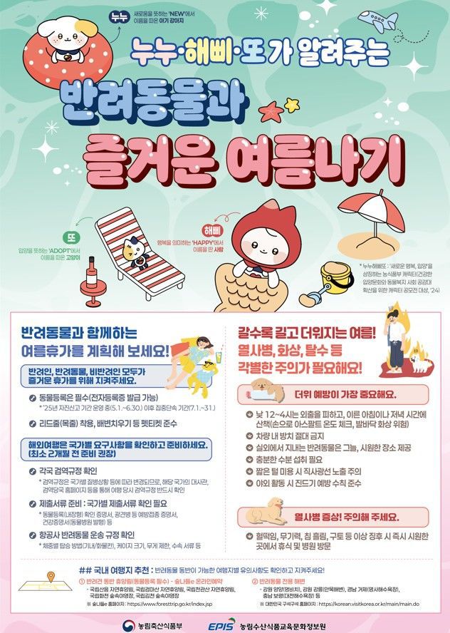 [세종=뉴시스] 농림축산식품부는 여름 휴가철을 앞두고 반려동물과 함께 여행을 떠나는 이들을 위해 여행 요령 등을 12일 안내했다. (사진=농식품부 제공) 2025.06.12. photo@newsis.com *재판매 및 DB 금지