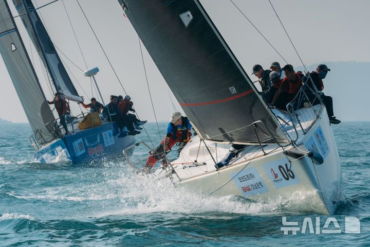 [창원=뉴시스]13일 경남 통영해양스포츠센터에서 개막식을 가진 '2025 남해안컵 국제요트대회' 참가 팀들이 통영 한산해역에서 연안 경기를 펼치고 있다.(사진=경남도 제공) 2025.06.13. photo@newsis.com