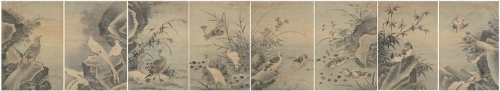 이징(李澄, 1581~1653 이후) 《산수화조도첩山水花鳥圖帖》 <수변금계水邊錦?, 심산백한深山白?> 조선 1642, 비단에 엷은 색 각 31.7×21.3cm, 간송미술문화재단 소장, 보물 *재판매 및 DB 금지