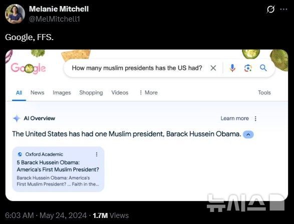[서울=뉴시스] 외신에 따르면 지난해 5월24일 구글 'AI 개요' 출시 초기 한 이용자가 무슬림 출신 미국 대통령 수를 묻자 버락 오바마 전 대통령 1명이라고 답해 화제가 됐다. (사진=엑스 캡처)