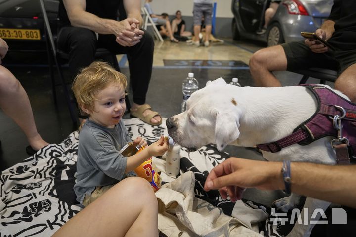 [텔아비브=AP/뉴시스] 15일(현지 시간) 이스라엘 텔아비브에 이란의 미사일 경보가 발령된 가운데 한 주차장 대피소에 가족과 함께 대피한 아이가 개에게 먹이를 주고 있다. 2025.06.16.