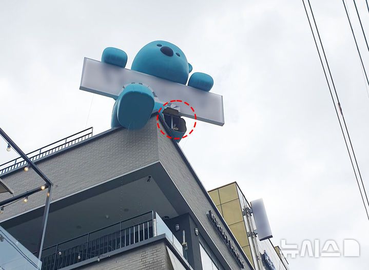 [광주=뉴시스] 15일 오후 광주 남구 진월동 한 상가 옥상에 설치된 곰 모양 구조물이 파손돼있다. (사진 = 독자 제공) 2025.06.15.photo@newsis.com