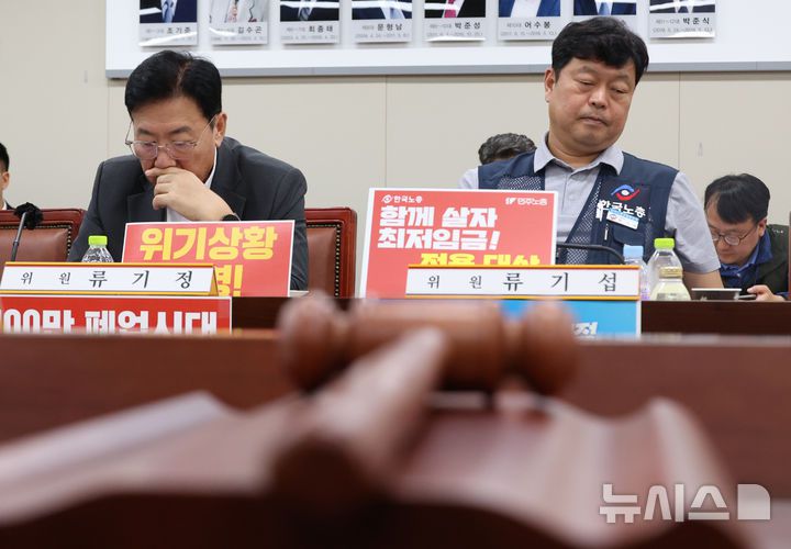 [세종=뉴시스] 강종민 기자 = 17일 세종시 정부세종청사에서 열린 최저임금위원회 5차 전원회의에 참석한 류기정 사용자위원과 류기섭 근로자위원이 굳은 표정으로 위원들의 발언을 듣고 있다. 2025.06.17. ppkjm@newsis.com