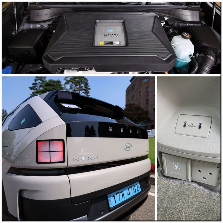 [서울=뉴시스] 김근수 기자 = 지난 18일 서울 강서구 메이필드호텔에서 열린 현대차 디 올 뉴 넥쏘 미디어 시승회에서 차량이 주차되어 있는 모습. 위쪽부터 시계 방향으로 디 올 뉴 넥쏘 엔진룸, 실내 V2L 단자, 차량 외부 모습. 2025.06.20. ks@newsis.com  *재판매 및 DB 금지