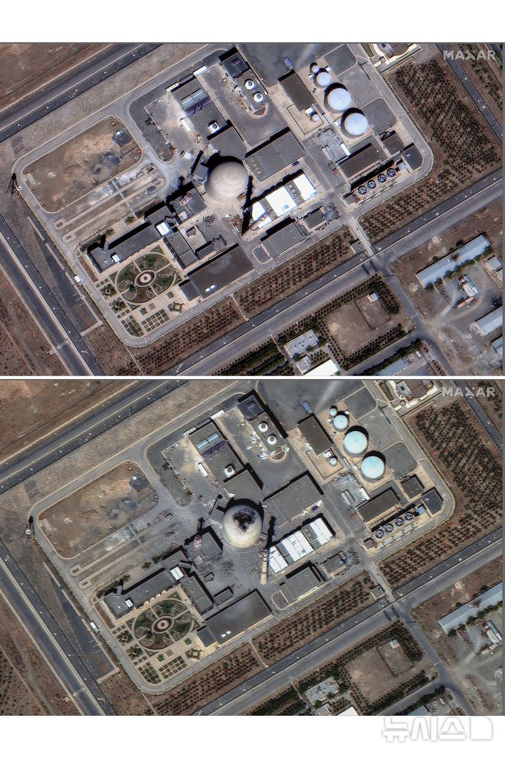 [아라크=AP/뉴시스] 맥사 테크놀로지스가 지난 18일(현지 시간) 제공한 위성 조합 사진에 이스라엘의 공습 이전 이란의 아라크 중수로 시설(위)과 공습 이후의 모습(아래)이 보인다. 2025.06.20.