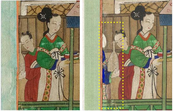 [서울=뉴시스] 구운몽도 병풍 장황 직물에 가려져 있던 그림이 발견되어, 화면을 넓혀 그림이 드러나도록 새롭게 장황함 ((왼쪽: 보존처리 전, 오른쪽: 보존처리 후) (사진=국가유산청 제공0 2025.06.23. photo@newsis.com *재판매 및 DB 금지