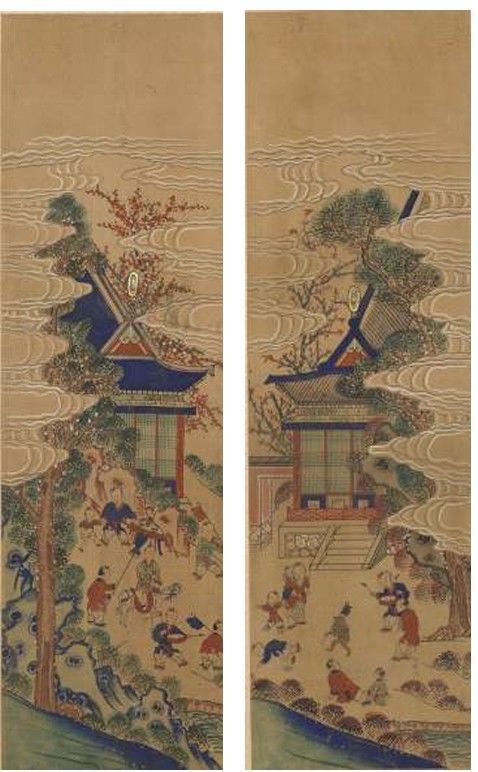 [서울=뉴시스] 백동자도 병풍 (왼쪽)관리 행차를 흉내 내는 아이들(8폭)  (오른쪽)지혜를 상징하는 원숭이와 노는 아이들(9폭) (사진=국가유산청 제공) 2025.06.23. photo@newsis.com *재판매 및 DB 금지