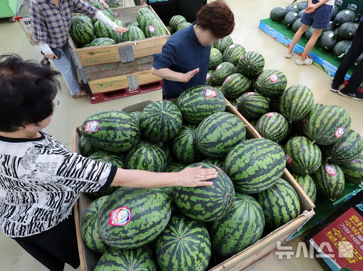 [서울=뉴시스] 이영환 기자 = 10일 서울 서초구 농협유통 하나로마트 양재점에서 수박이 판매되고 있다.9일 한국농수산식품유통공사(aT)에 따르면, 지난 8일 수박 1통의 소매 가격은 2만6091원으로 집계됐다. 전년 대비 26.6%, 평년 대비 31.7%가량 올랐다. 지난달 장마로 인한 공급 지연에 폭염으로 수박을 찾는 이들이 크게 늘었기 때문이다. 2025.07.10. 20hwan@newsis.com