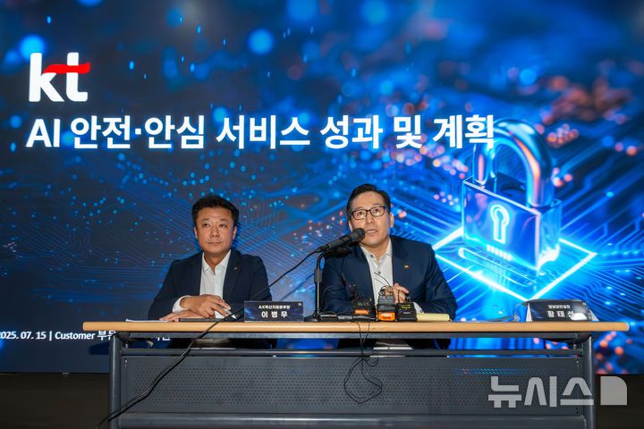 [서울=뉴시스]KT AX혁신지원본부장 이병무 상무(왼쪽)와 KT 정보보안실장 황태선 상무가 15일 서울 광화문 인근에서 열린 기자브리핑에서 기자단 Q&A를 받고 있다. (사진=KT 제공)