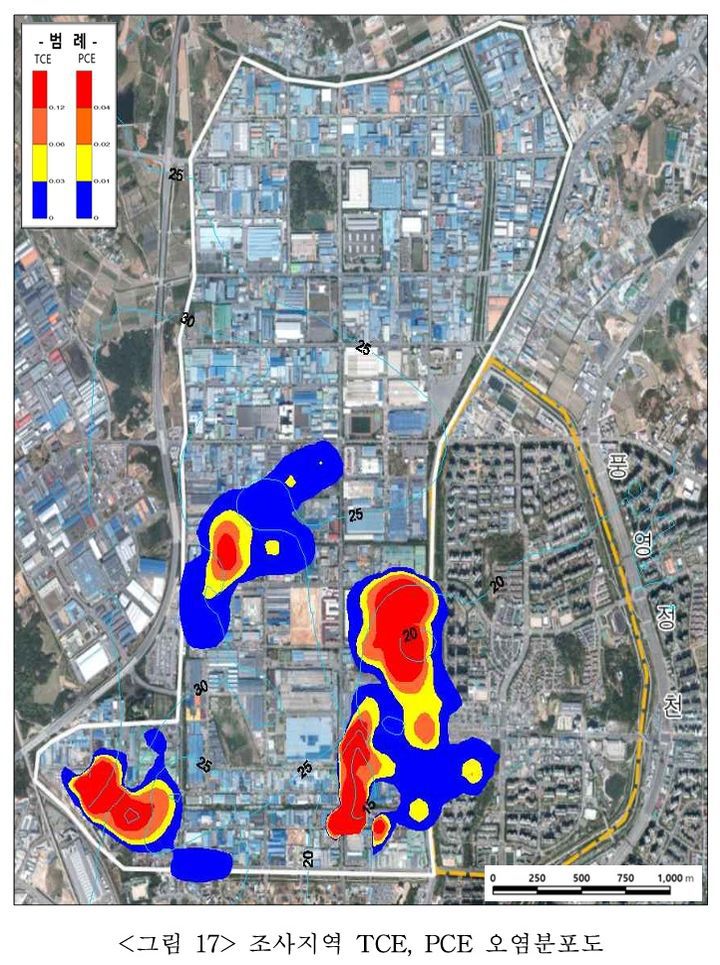 [광주=뉴시스] 하남산단 지하수·토양오염조사 용역 결과 보고서 중 조사지역 TCE(트라이클로로에틸렌)·PCE(테트라클로로에틸렌) 오염 분포도. (사진=뉴시스 DB). photo@newsis.com *재판매 및 DB 금지