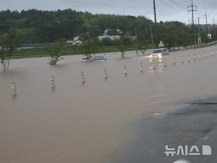 [서산=뉴시스] 김덕진 기자=17일 오전 8시께 충남 서산시 성연면 이안큐브 앞 도로가 호우로 침수돼 차량이 물에 잠겨 있다. (사진=독자 제공) 2025.07.17. photo@newsis.com