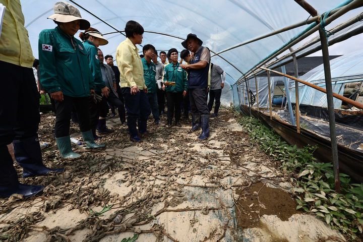 [세종=뉴시스] 농림축산식품부는 송미령 장관이 20일 오전 집중호우로 침수 피해를 입은 충남 부여군 소재 시설원예 농가를 방문해 응급 복구 진행 상황을 점검했다고 밝혔다. (사진=농식품부 제공) 2025.07.20. photo@newsis.com *재판매 및 DB 금지