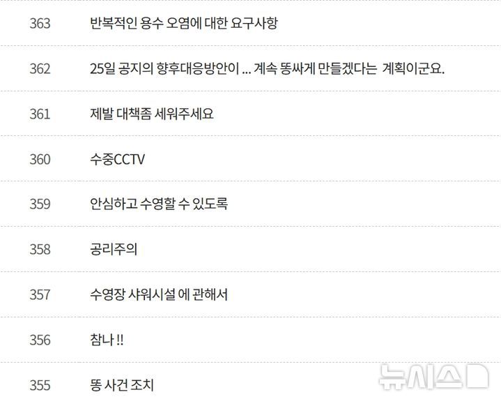 [뉴시스] 이용객 항의 게시글. (사진=영주실내수영장 홈페이지 캡처) *재판매 및 DB 금지