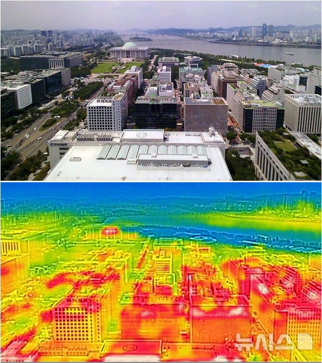 [서울=뉴시스] 조성우 기자 = 서울에 일주일째 폭염경보가 이어지는 30일 서울 영등포구 여의도 계류식 가스기구 '서울달'에서 열화상 카메라로 바라본 서울 도심이 붉게 나타나고 있다.열화상 카메라로 촬영한 사진은 온도가 높을수록 붉은색, 낮을수록 푸른색을 나타낸다. 2025.07.30. xconfind@newsis.com