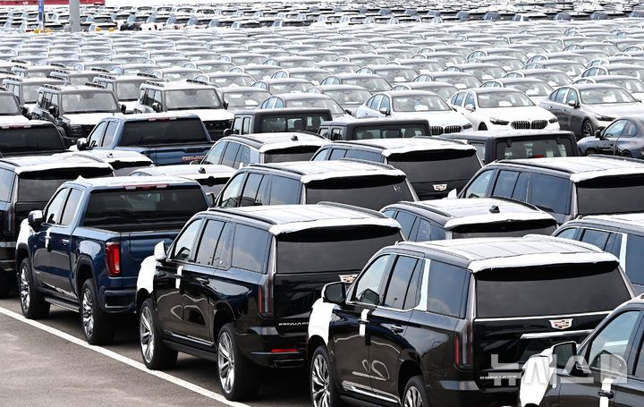 [평택=뉴시스] 김종택 기자 = 한미 관세협상이 타결된 31일 경기 평택시 포승읍 평택항 자동차 전용부두에 수입된 미국산 자동차가 세워져 있다. 2025.07.31. jtk@newsis.com