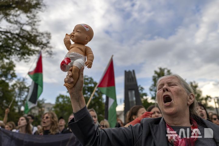[빌뉴스=AP/뉴시스] 4일(현지 시간) 리투아니아 빌뉴스에서 친팔레스타인 시위대가 가자지구 전쟁과 이스라엘의 식량 배급 제한조치에 항의하는 시위를 벌이고 있다. 2025.08.10.