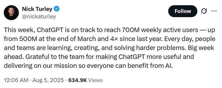 [뉴시스] 닉 털리 오픈AI 부사장의 엑스 게시물. (사진 = 엑스 캡처) 2025.08.05. *재판매 및 DB 금지