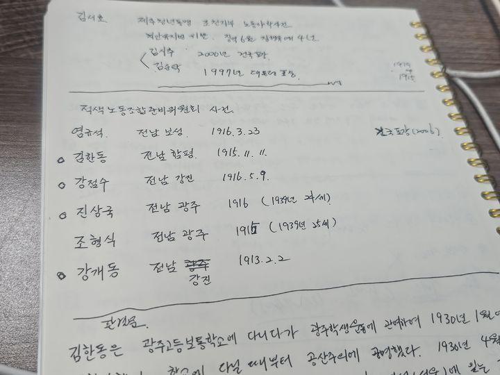 [서울=뉴시스] 조성하 기자 = 권시용 민족문제연구소 연구원이 13일 '적색 노동조합 준비위원회 사건' 관련 인물들의 생년·출신지 등을 정리한 수기 메모를 공개하고 있다. 2025.08.14. create@newsis.com *재판매 및 DB 금지