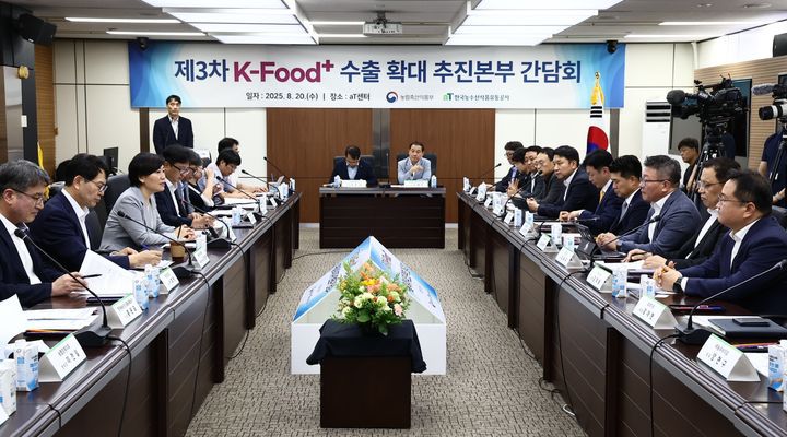 [세종=뉴시스]송미령 농림축산식품부 장관이 20일 서울 aT 센터에서 주요 농식품 및 농산업 수출기업, 유관기관과 함께 2025년 제3차 'K-푸드+ 수출확대 추진본부 간담회'를 개최하고 있다. (사진=농식품부 제공) *재판매 및 DB 금지