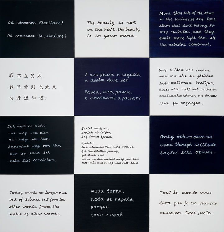 안규철 〈외국어로 된 열두 개의 잠언〉 2024 Oil on canvas 12 pieces, each 41 x 53 cm Courtesy of Space ISU 이미지 제공: 국제갤러리 *재판매 및 DB 금지