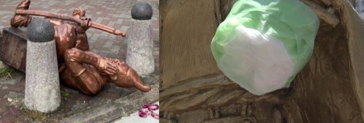 [서울=뉴시스] 2022년 도쿠가와 이에야스 동상이 쓰러진 채 발견된 모습(왼쪽)과 2019년 오다 노부나가 동상의 왼팔이 뜯겨 나간 모습(오른쪽). (사진 = 'ANN News CH' 유튜브 갈무리) 2025.08.28. *재판매 및 DB 금지