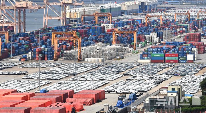 [평택=뉴시스] 김종택 기자 = 지난 4일 경기 평택시 포승읍 평택항에 수출입 컨테이가 쌓여있는 모습. 2025.09.04. jtk@newsis.com