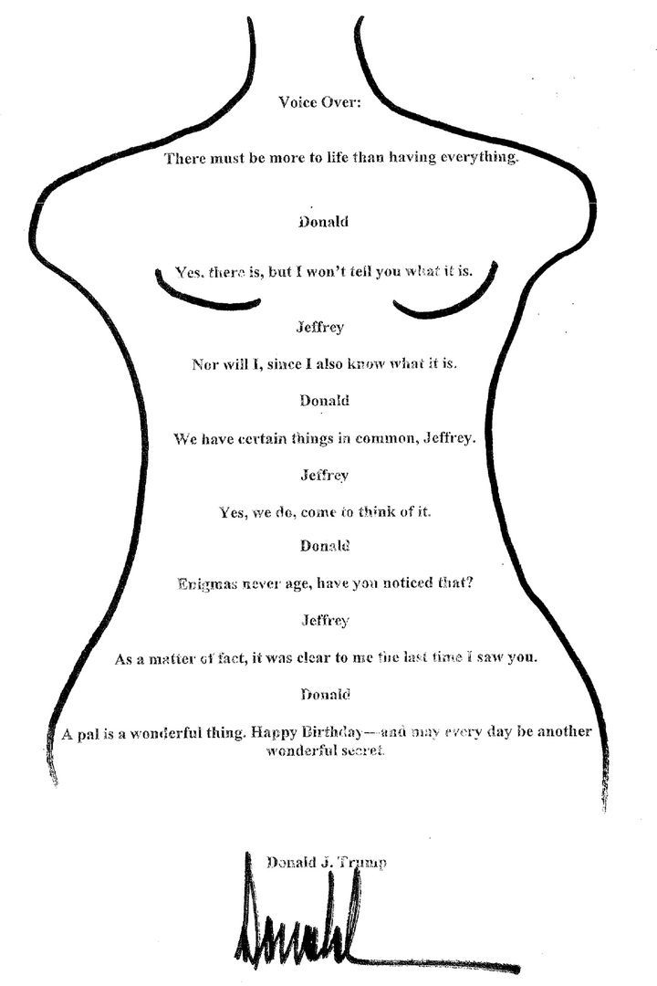 [서울=뉴시스]도널드 트럼프 미 대통령이 아동성범죄자 제프리 엡스타인에게 보냈다는 외설적 내용의 그림을 미 하원 감독위원회가 8일(현지시각) 공개했다. 2025.9.9. *재판매 및 DB 금지