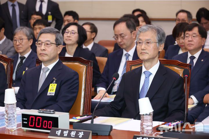 [서울=뉴시스] 고승민 기자 = 조희대 대법원장이 13일 서울 여의도 국회에서 열린 법제사법위원회의 대법원 등 국정감사에 출석하고 있다. 2025.10.13. kkssmm99@newsis.com