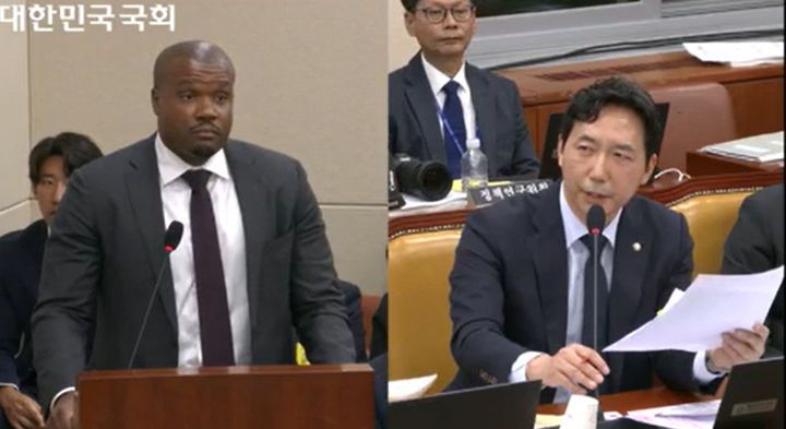 [서울=뉴시스] 바카리 미들턴 에픽게임즈 공공정책 부사장(왼쪽)이 14일 국회에서 열린 방미통위 국정감사에 증인으로 출석했다. (사진=국회의사중계시스템 캡처) *재판매 및 DB 금지