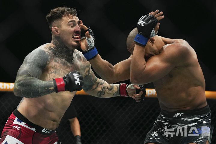 [아부다비=뉴시스/AP] 영국의 톰 아스피날(왼쪽)이 2025년 10월 25일 아랍에미리트 아부다비에서 열린 UFC 헤비급 타이틀전에서 프랑스의 시릴 간과 맞붙고 있다.2025.1.05.