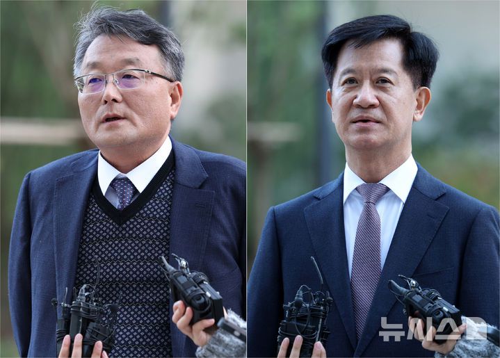 [서울=뉴시스] 조성우 기자 = 김건희 여사 의혹을 수사하는 민중기 특별검사팀에 새로 임명된 김경호(왼쪽), 박노수 신임 특검보가 27일 오전 서울 종로구 KT광화문빌딩 웨스트에 마련된 특검 사무실에 출근하며 발언하고 있다. 2025.10.27. xconfind@newsis.com