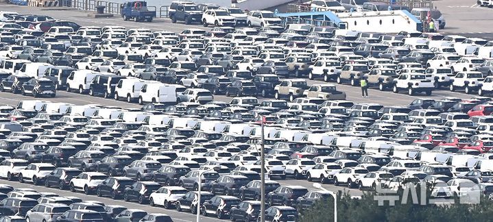 [평택=뉴시스] 김종택 기자 = 30일 경기 평택시 포승읍 평택항 자동차 전용부두에 선적을 기다리는 수출용 차량이 세워져 있다. 2025.10.30. jtk@newsis.com