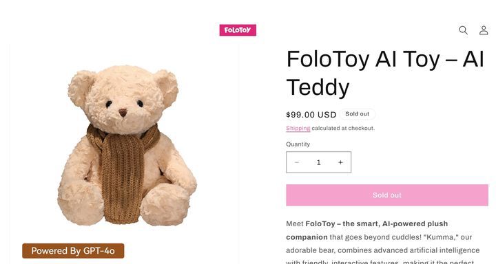 [뉴시스] 폴로토이(FoloToy)의 어린이용 쿠마(Kumma) AI 곰인형의 온라인 판매 페이지. (사진 = 폴로토이 캡처) 2025.11.19. *재판매 및 DB 금지