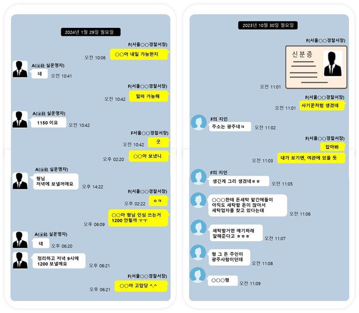 [수원=뉴시스] 이 사건 범행 관련 A총경과의 대화 내역 편집. (사진=수원지검 제공) 2025.11.27. photo@newsis.com *재판매 및 DB 금지