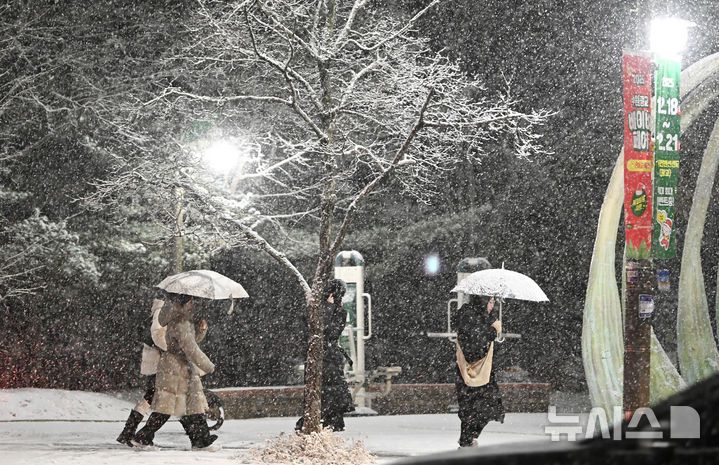 [수원=뉴시스] 김종택 기자 = 수도권 지역에 올해 첫 대설주의보가 발효된 4일 경기 수원시 영통구 망포동 거리에 눈이 내리고 있다. 2025.12.04. jtk@newsis.com