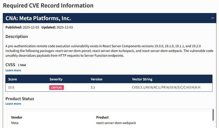 [서울=뉴시스] 10일 보안업계에 따르면 리액트투쉘은 최근 국제 보안 등급인 '공통 취약점 등급 시스템(CVSS)'에서 최고 위험도인 10.0점을 받았다. (사진=cve.org 캡처) *재판매 및 DB 금지